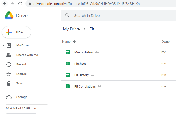 Google Drive Fit folder with Meals History, FitSheet, Fit History, Fit Correlations